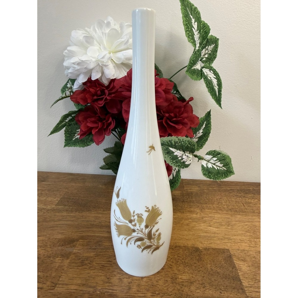 Vintage Rosenthal‎ Germany White Porcelain Gold Floral Vase MCM Decor Display